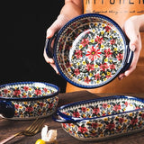 HULIANFU Krusoal Retro Ceramic Handle Salad Bowl Household Oven Breakfast Bake Pan Microwave Bohemia Binaural Soup In-glaze Tableware