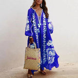 hulianfu Spring Elegant Floral Print Tassel Long Party Dress Vintage Long Lantern Sleeve Ladies Dresses Women V Neck Casual Loose Dress
