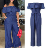 Hulianfu Fashion Casual Women Solid Off Shoulder Long Romper Jumpsuit Bodysuit Overall Wide Legs
