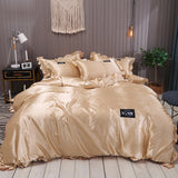 HULIANFU Pure Satin Silk Bedding Set Lace Luxury Duvet Cover Set Single Double Queen King Size 240x220 Couple Quilt Covers White Gray Red