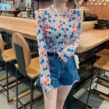 Hulianfu Angel Print Sheer Blue Black Mesh Long Sleeve Blouse Shirts Women Spring Summer Pullovers Elegant Sexy See Through Tops