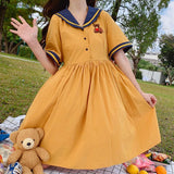 hulianfu Harajuku Sailor Collar Navy Dress Japanese Lolita Sweet Bow-knot Girl Retro Cotton Kawaii Preppy Style Short Sleeve Dress Women