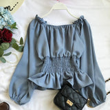 Hulianfu Youth Elegant Blouse Women Chiffon Fashion Blouse Off Shoulder White Shirt Ruffle Puff Sleeve Top Office wear