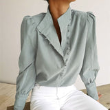 Hulianfu Elegant Turtleneck Blouse Long Sleeve White Shirt Office Ladies Top Casual Solid Single-Breasted Puff Sleeve Womens Blouses