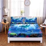 HULIANFU Seafloor Animals Digital Printed 3pc Polyester  Fitted Sheet Mattress Cover Four Corners with Elastic Band Bed Sheet Pillowcases