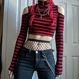 Hulianfu Gothic Mall Goth Striped Print T-shirt Hollow Out Slim Fit Turtleneck Crop Top E-girl Harajuku Grunge Emo Alt Tees Women Clothes
