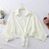 Hulianfu Chiffon Shirts Women Summer Half Sleeve Buttoned Up Shirt Loose Casual Blouse Tied Waist Elegant Blouses For Women