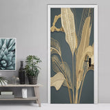 HULIANFU 2023 Door Sticker Modern Banana Leaf Light Luxury 3D Relief Golden Line Wallpaper Living Room Bedroom Abstract Art Door Poster Decor