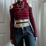 Hulianfu Gothic Mall Goth Striped Print T-shirt Hollow Out Slim Fit Turtleneck Crop Top E-girl Harajuku Grunge Emo Alt Tees Women Clothes