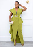 hulianfu Women  Short Sleeve V-Neck Fashion Slim Irregular Sexy Large Size Temperament Commuter High Waist Dress