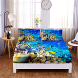 HULIANFU Seafloor Animals Digital Printed 3pc Polyester  Fitted Sheet Mattress Cover Four Corners with Elastic Band Bed Sheet Pillowcases