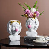 HULIANFU Resin Vase Nordic Modern Home Decoration Cute Girl Blowing Bubbles Decorative Head Carving Flower Vases Pen Holder Vase Flowers