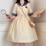 hulianfu Harajuku Sailor Collar Navy Dress Japanese Lolita Sweet Bow-knot Girl Retro Cotton Kawaii Preppy Style Short Sleeve Dress Women