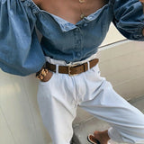 Hulianfu Off Shoulder Puff Sleeve Women's Shirs Autumn Sexy Single Breasted Female Denim Tops Spring Trend Fashion Ladies Shirts