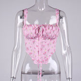 NewAsia Floral Corset Women Sweet Print Hollow Up Tie Up Sexy Crop Top Summer Sleeveless Ruched Boning Bustier Casual Tank Top