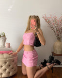 Hulianfu High Quality Summer Crop Top Women Fishbone Double Layer Pink PU Leather Sexy Crop Top Fashion Lady Clubwear Party