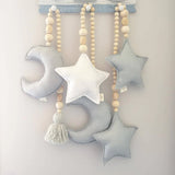 HULIANFU Nordic Boho Room Decor Double Star Moon Wooden Beads Cotton Hanging Wall Decoration Kawaii Kids Baby Bedroom Living Room Decor