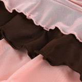 Hulianfu Y2K Aesthetic Pleated Skirts Women Low Waist Ruffles Mini Skirt Patchwork Pink Mesh Cute Kawaii Brown Bodycon Vintage Clothes