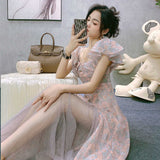 Hulianfu Vintage Chiffon Midi Dress Women Floral Print Design Korean Party Split Dress Female Summer Evening Beach Boho Dress 2021 Casual