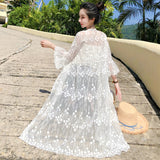 Hulianfu Women Blouse Sun Protection Outerwear Fashion Long Flare Sleeve Mesh Embroidery Thin Loose Party Holiday Maiden Outerwear Sexy