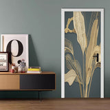 HULIANFU 2023 Door Sticker Modern Banana Leaf Light Luxury 3D Relief Golden Line Wallpaper Living Room Bedroom Abstract Art Door Poster Decor