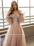 hulianfu  Sweet Dusty Pink Prom Dresses Off Shoulder Long Sleeves Princess Party Dresses Pleated Tulle A-Line Formal Evening Gowns