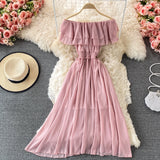hulianfu Yellow/Purple/White Chiffon Dress Women Sexy Slash Neck Ruffle Robe Elegant Ruffle High Waist Vestidos Female Beach Vacation New