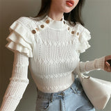 Hulianfu Full Sleeve Turtleneck Buttons Sweater Jumpers Girls Stretchy Chic Ruffles Autumn Spring Sweaters Pullovers Tops Women