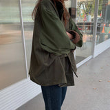hulianfu  Korean Thick Autumn Vintage Lapel Casual Style Loose Full Lantern Sleeve Coats and Jackets Women Army Green Streetwear