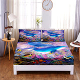 HULIANFU Seafloor Animals Digital Printed 3pc Polyester  Fitted Sheet Mattress Cover Four Corners with Elastic Band Bed Sheet Pillowcases