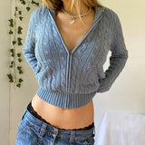 Knitted Sweater Women Hooded Cardigan Cropped Vintage Hoodies Y2K Solid Coat Women Sweater Outwear Long Sleeve Pull Femme