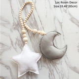 HULIANFU Nordic Boho Room Decor Double Star Moon Wooden Beads Cotton Hanging Wall Decoration Kawaii Kids Baby Bedroom Living Room Decor