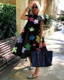 hulianfu Women Casual Vintage Petal Short Sleeve Dress Summer Loose Daisy Floral Print Beach Dress Elegant O Neck Party Dress Vestido