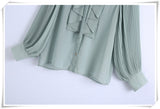 hulianfu Snican pleated sleeve cascading ruffle bow tie office ladies blouse chic fashion female tops women camisas femininas Chiffon New