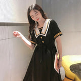 hulianfu Harajuku Sailor Collar Navy Dress Japanese Lolita Sweet Bow-knot Girl Retro Cotton Kawaii Preppy Style Short Sleeve Dress Women