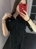 hulianfu  Spring Streetwear Pants High-Waist Straight Ribbon Cargo Pants Student Loose Short-Sleeved Shirt with Tie two-piece Set