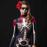 HULIANFU Women Cosplay Skeleton Rose Sexy Bodysuit Halloween Devil Ghost Specter Jumpsuit Romper Party Carnival Performance Scary Costume