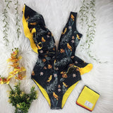 New Sexy Ruffle Print Floral One Piece Swimsuit Off The Shoulder Swimwear Women Solid Deep-V Beachwear Bathing Suit Monkini