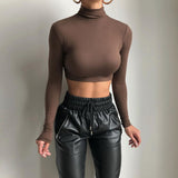 Hulianfu Basic Sheath Women Solid Turtleneck Tshirt Autumn Stretch Casual Undershirt Female All-match Street Activity Crop Tops
