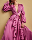 hulianfu Ellafads Woman Dress  High Waist V-neck Women's Dress Pleated Solid Color Ruffled Dress Dresses For Women