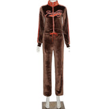 Hulianfu Letter Print Velvet Tracksuit Women 2 Piece Sets Fashion Outfits Female Zipper Sport Activitywear Suits Leisure Streetwear Moda