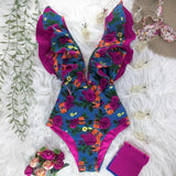 New Sexy Ruffle Print Floral One Piece Swimsuit Off The Shoulder Swimwear Women Solid Deep-V Beachwear Bathing Suit Monkini