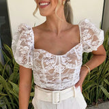 hulianfu Vintage White Lace Blouse Shirt Women Summer Short Sleeve Crop Top Elegant Black Short Tops  Blusas De Mujer