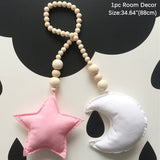 HULIANFU Nordic Boho Room Decor Double Star Moon Wooden Beads Cotton Hanging Wall Decoration Kawaii Kids Baby Bedroom Living Room Decor