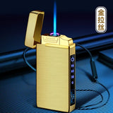 HULIANFU New Windproof Metal Dual Plasma Arc Lighter Jet USB Torch Lighter Gas Electric Butane Chargeable Pipe Cigar Lighter Gadgets