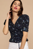 hulianfu Women Shirt Spring and Summer New Ladies Floral Print V-neck Short-sleeved Shirt