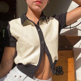 hulianfu hulianfu Summer T Shirt Women Casual Knitted Elastic Tshirt Short Sleeve Turn-down Collar Tee Tops Female Korean Style Top