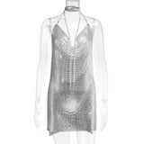 hulianfu Handmade Backless Sequin Metal Mesh Dress Women Chain Halter Rhinestone Chain Slit Night Club Birthday Party Dress Mini