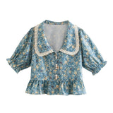 Hulianfu New French Style Lace Patchwork Floral Print Crop Tops Women Summer Casual Chic Peter Pan Collar Blouses Female Fashion Top