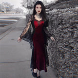 Gothic Dark Mesh Midi Dress Women Victorian Costume Velvet Robe Renaissance Witch Medieval Dresses Cosplay Wizard Halloween Y2k